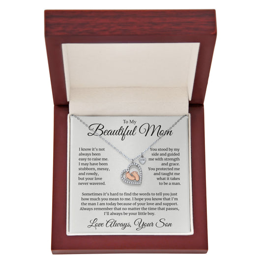 Mom Gift for Mother's Day, Birthday from Son - Baby Feet Heart Necklace with Message Card