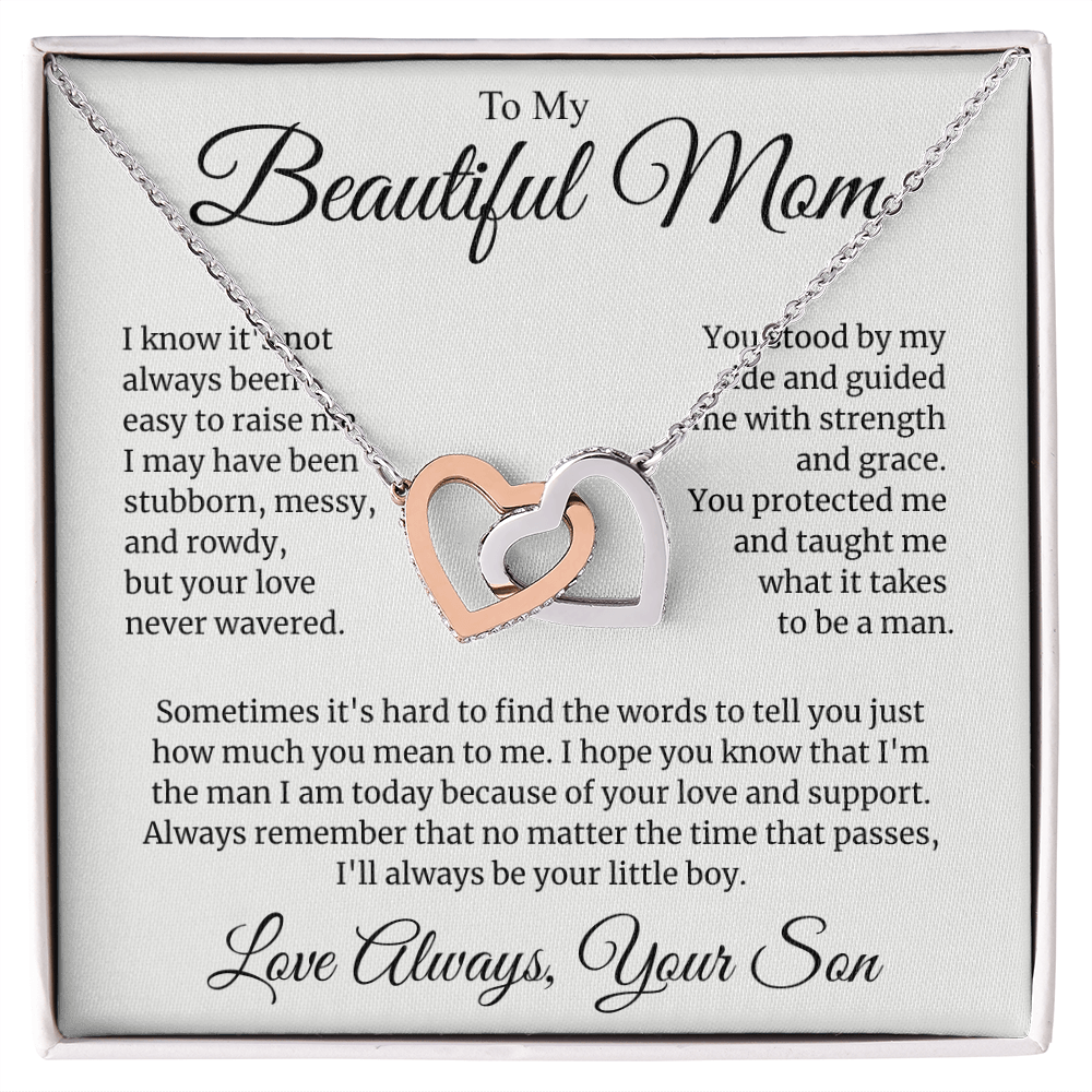 "To My Beautiful Mom" Interlocking Hearts Necklace - "I'll Always Be Your Little Boy" Gift from Son
