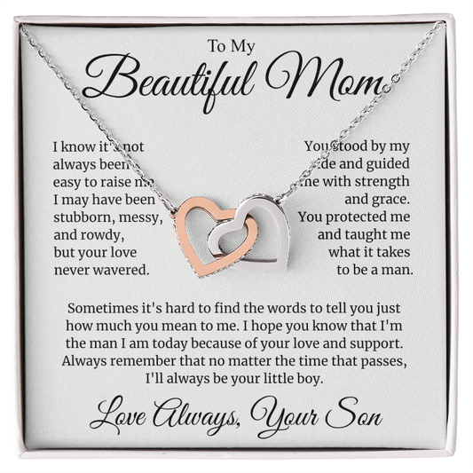 "To My Beautiful Mom" Interlocking Hearts Necklace - "I'll Always Be Your Little Boy" Gift from Son