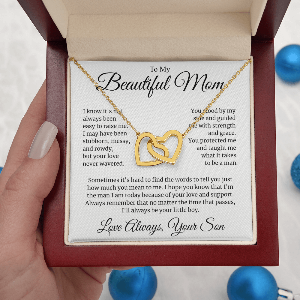 "To My Beautiful Mom" Interlocking Hearts Necklace - "I'll Always Be Your Little Boy" Gift from Son