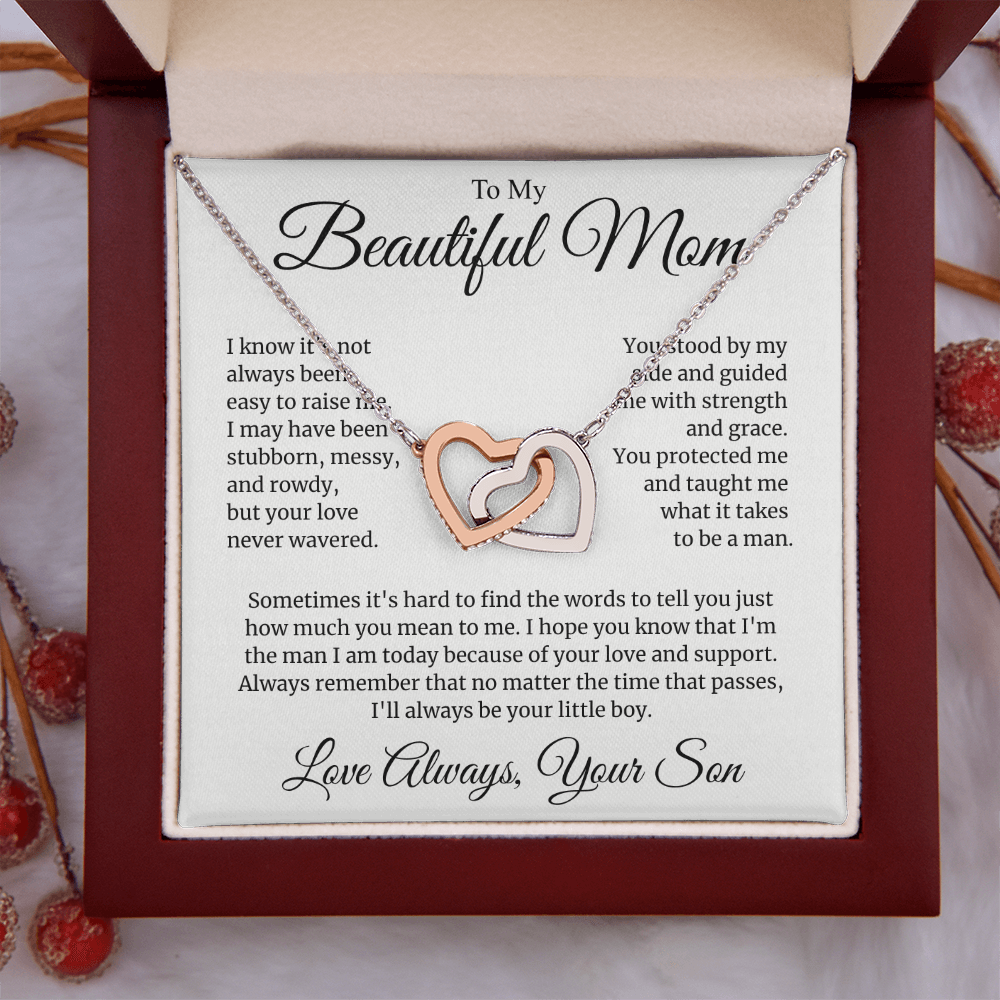 "To My Beautiful Mom" Interlocking Hearts Necklace - "I'll Always Be Your Little Boy" Gift from Son