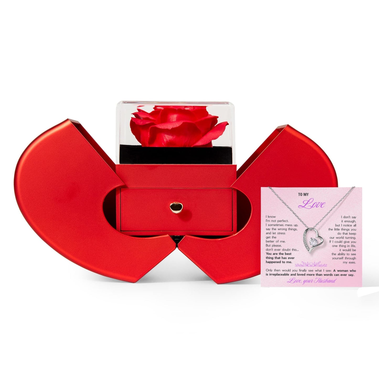 To My Love Forever Heart Necklace in Rotating Rose Box - Romantic Gift from Husband