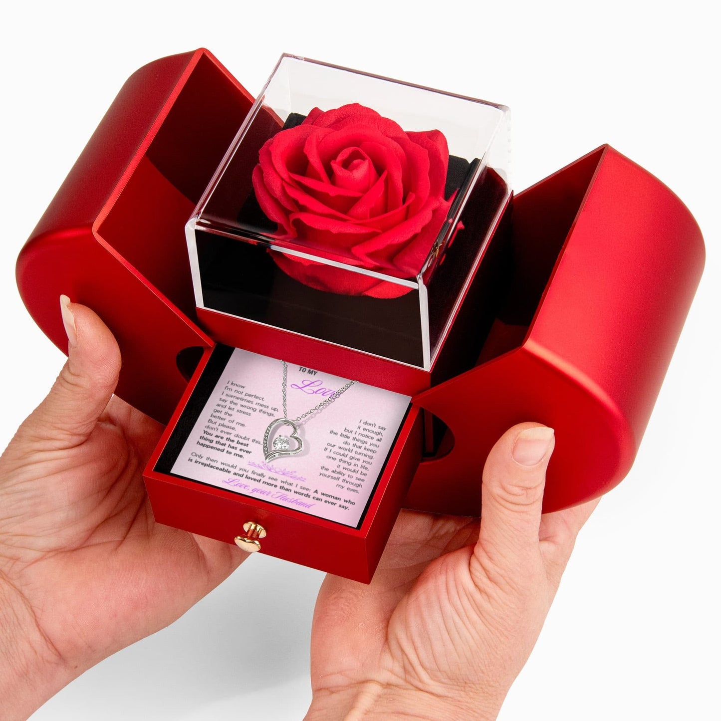 To My Love Forever Heart Necklace in Rotating Rose Box - Romantic Gift from Husband