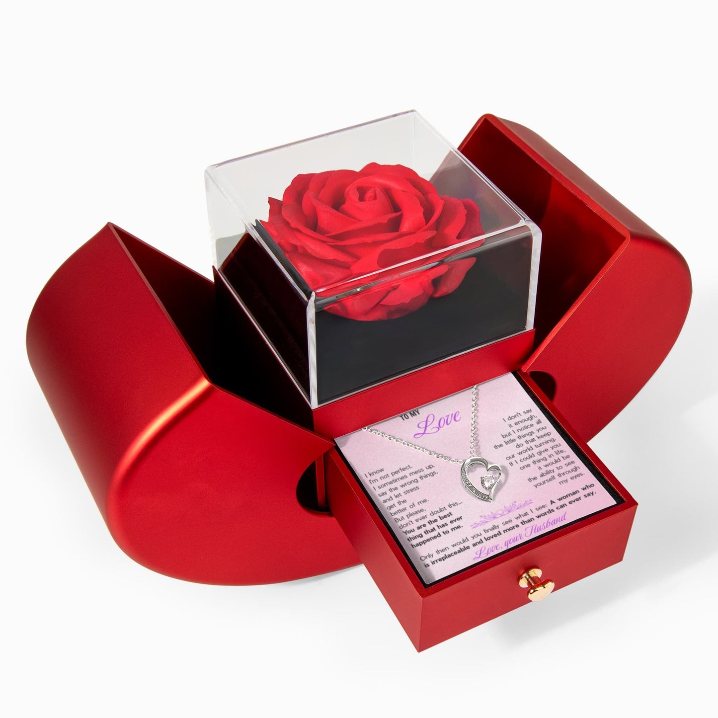 To My Love Forever Heart Necklace in Rotating Rose Box - Romantic Gift from Husband